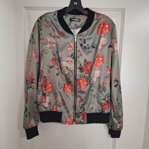 Allegra K Floral Satin Bomber Jacket